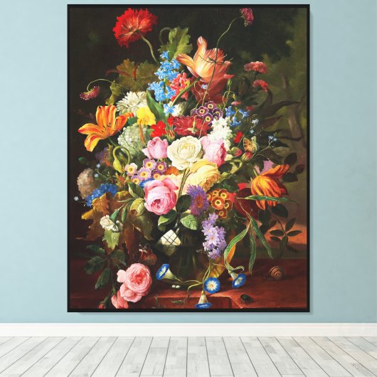 Levendige levensduur van Rozen Tulpen en anjers Canvas Afdruk (Insitu (Houten vloer))