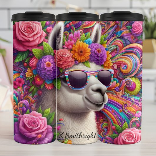 Levendige Llama Flower Crown Zonnebril Thermosbeker