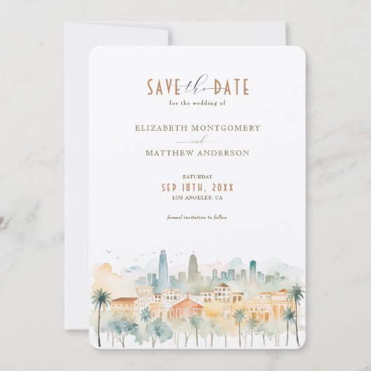 Levendige Los Angeles Skyline Save-the-Date Kaart (Voorkant)