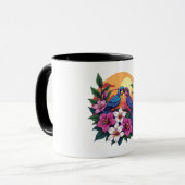 Levendige Lovebirds bij zonsondergang met tropisch Mok (Voorkant links)