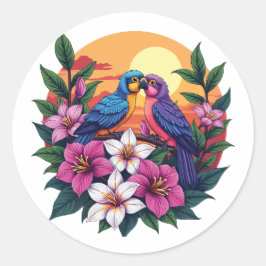 Levendige Lovebirds bij zonsondergang met tropisch Ronde Sticker