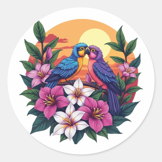 Levendige Lovebirds bij zonsondergang met tropisch Ronde Sticker (Voorkant)