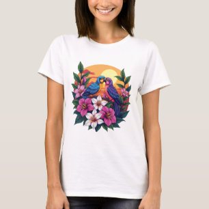 Levendige Lovebirds bij zonsondergang met tropisch T-shirt