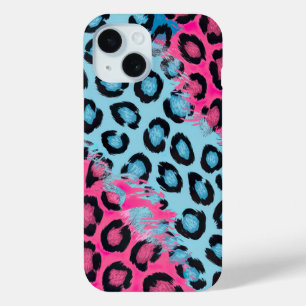 Levendige luipaardprint in roze en blauw iPhone 15 case