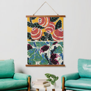 Levendige Magenta & Oranje Abstracte Bloemkunst Hangend Wandkleed