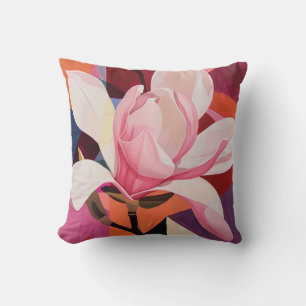 Levendige Magnolia Bloei in Geometrisch Licht Kussen