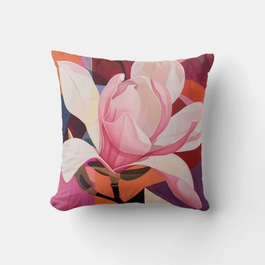 Levendige Magnolia Bloei in Geometrisch Licht Kussen (Voorkant)