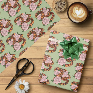 Levendige maïsslang Roze Pioen Bloemen Groen Cadeaupapier