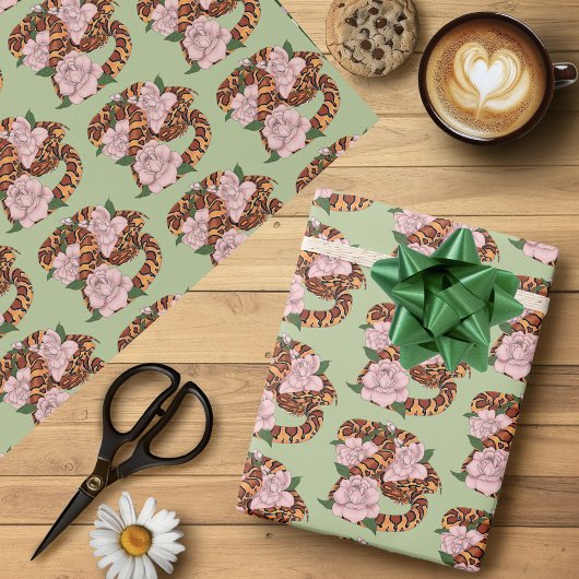 Levendige maïsslang Roze Pioen Bloemen Groen Cadeaupapier