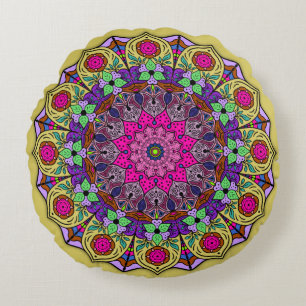 Levendige Mandala Sunshine Geel Roze Rond Kussen