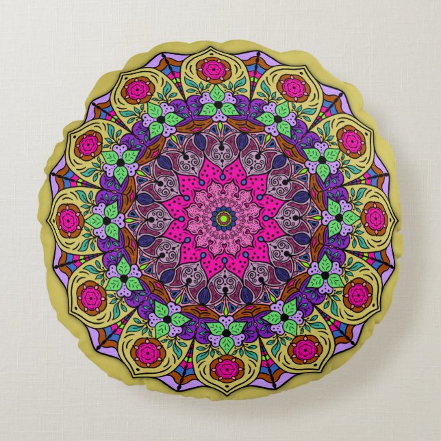 Levendige Mandala Sunshine Geel Roze Rond Kussen (Voorkant)