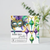 Levendige Mardi Gras Masker en Kralen Party Kaart (Staand voorkant)