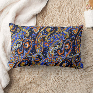 Levendige marineblauw en oranje boheemse paisleypr kussen