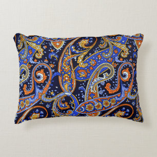 Levendige marineblauwe en oranje boheemse paisleyp accent kussen