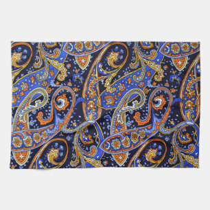Levendige marineblauwe en oranje boheemse paisleyp theedoek