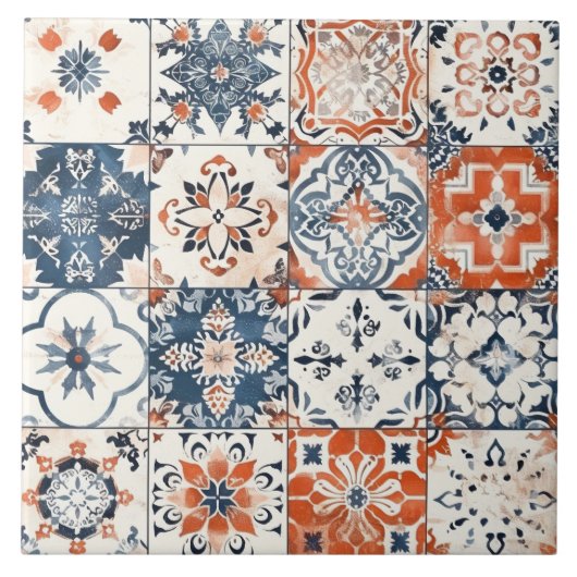 Levendige Marokkaanse Patchwork – Boho Blue, Red & Tegeltje (Voorkant)