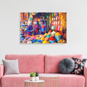 Levendige Marokkaanse Specerijenmarkt Olie Schilde Canvas Afdruk