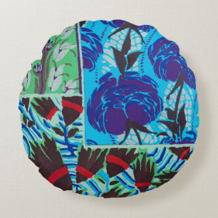 Levendige Maximalistische Blauwe en Groene Bloemku Rond Kussen
