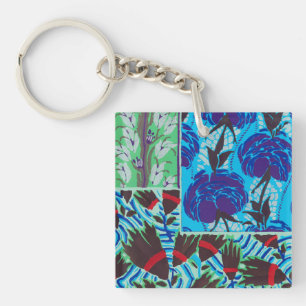 Levendige Maximalistische Blauwe en Groene Bloemku Sleutelhanger