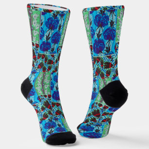 Levendige Maximalistische Blauwe en Groene Bloemku Sokken