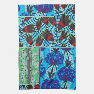 Levendige Maximalistische Blauwe en Groene Bloemku Theedoek