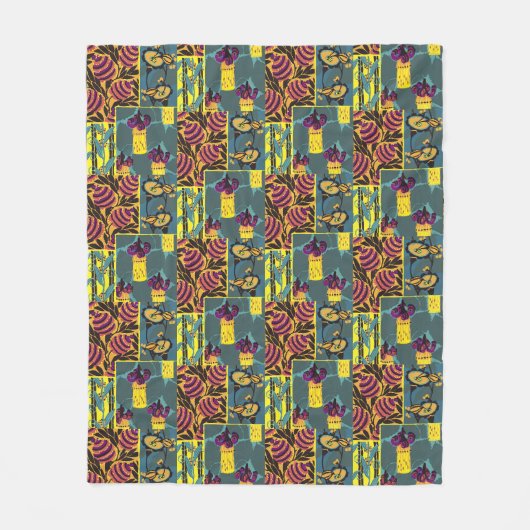 Levendige Maximalistische Paarse & Turkooizen Bloe Fleece Deken (Voorkant)