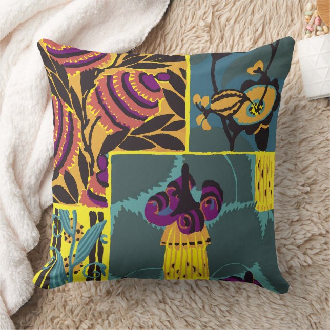 Levendige Maximalistische Paarse & Turquoise Bloem Kussen (Deken)