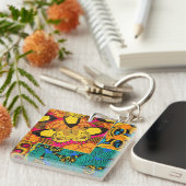 Levendige Maximalistische Roze & Turquoise Vlinder Sleutelhanger (Voorkant Rechts)