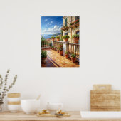 Levendige mediterrane balkon zeezicht kunst poster (Keuken)