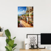 Levendige mediterrane balkon zeezicht kunst poster (Thuiskantoor)
