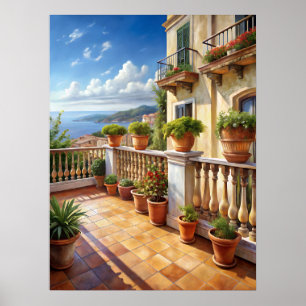 Levendige mediterrane balkon zeezicht kunst poster