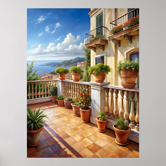 Levendige mediterrane balkon zeezicht kunst poster (Voorkant)
