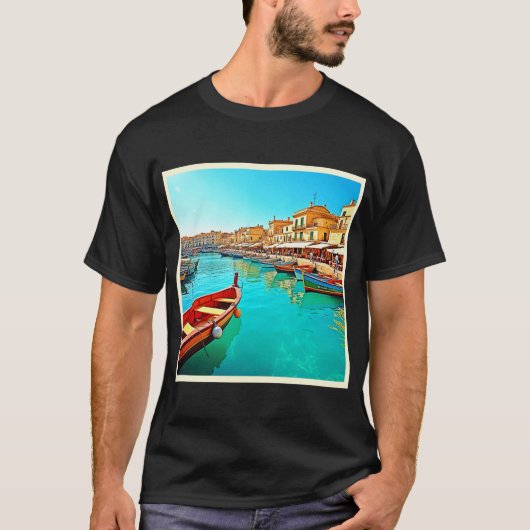 Levendige mediterrane havenlevensstijl ontwerp vin t-shirt (Voorkant)