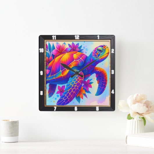 Levendige meerkleurige schildpad oceaan vierkante klok (Huis)