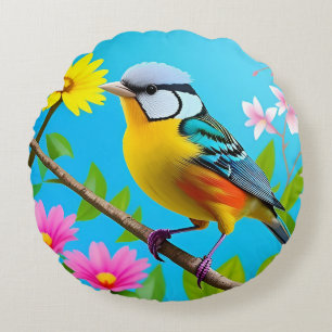 🌿 Levendige Mees Vogel Bloemige Tak Cadeau Voor D Rond Kussen