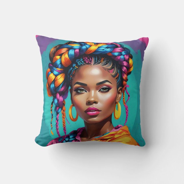 Levendige Melanine Vrouw - Pop Art Inspired Kussen (Voorkant)