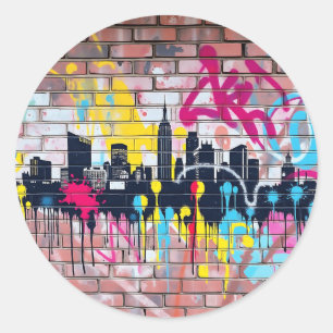 Levendige, met spuiten beschilderde skyline van de ronde sticker
