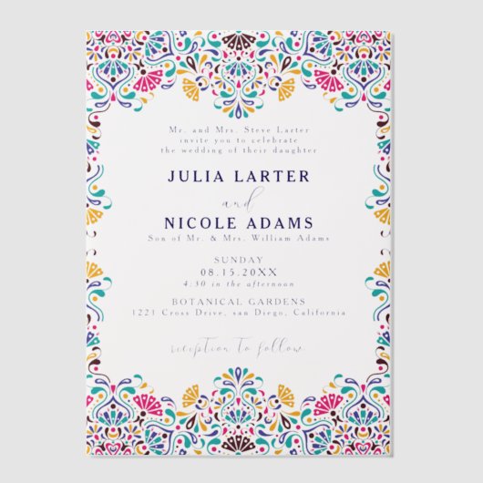 Levendige Mexicaanse Fiesta Rainbow Fotobruiloft Vellum Uitnodigingen (Voorkant)