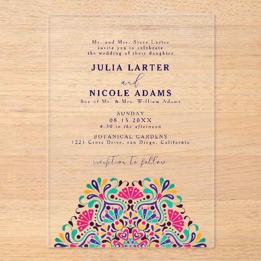 Levendige Mexicaanse Fiesta Style Rainbow Wedding Acryl Uitnodigingen (Voorkant)