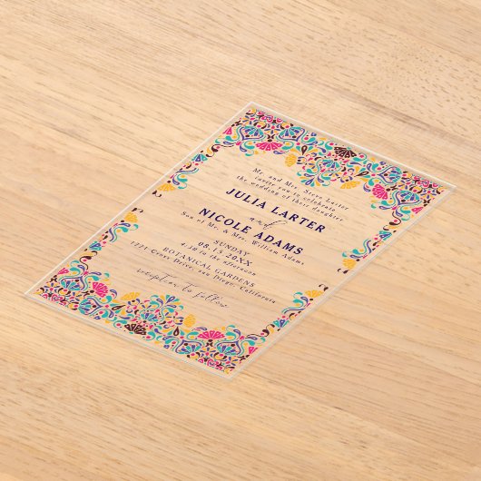 Levendige Mexicaanse Fiesta Style Rainbow Wedding Acryl Uitnodigingen (Laagn)