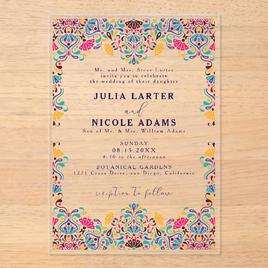 Levendige Mexicaanse Fiesta Style Rainbow Wedding Acryl Uitnodigingen (Voorkant)