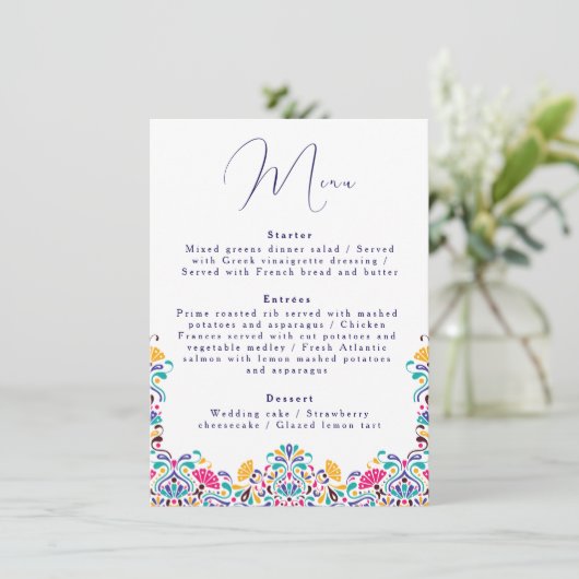 Levendige Mexicaanse Fiesta Style Rainbow Wedding Menu (Staand voorkant)