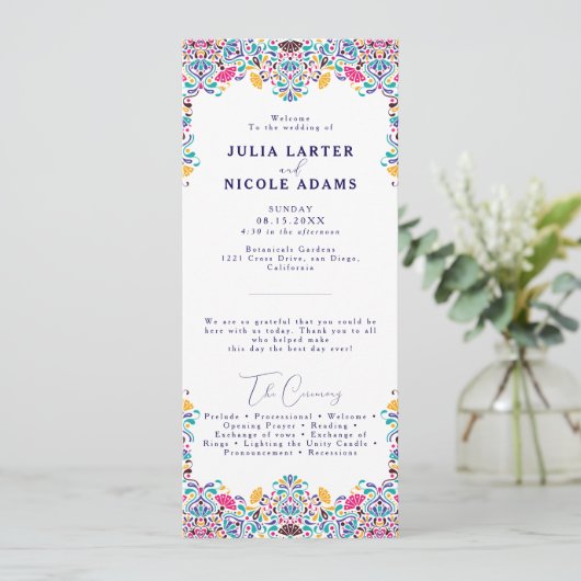 Levendige Mexicaanse Fiesta Style Rainbow Wedding Programmakaart (Staand voorkant)