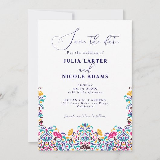 Levendige Mexicaanse Fiesta Style Rainbow Wedding Save The Date (Voorkant)