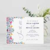 Levendige Mexicaanse Fiesta Style Rainbow Wedding Save The Date (Staand voorkant)