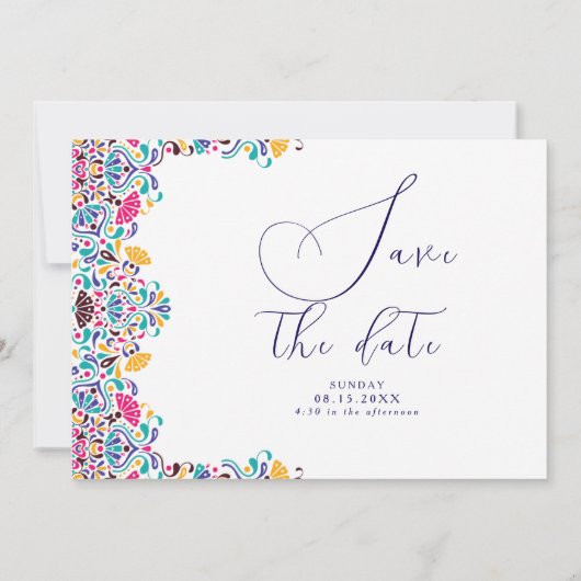 Levendige Mexicaanse Fiesta Style Rainbow Wedding Save The Date (Achterkant)