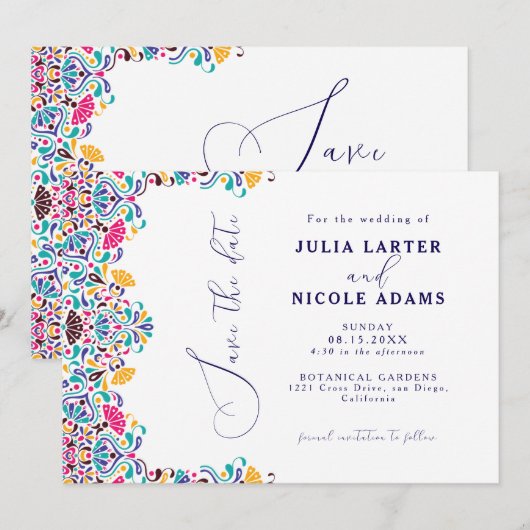 Levendige Mexicaanse Fiesta Style Rainbow Wedding Save The Date (Voorkant / Achterkant)