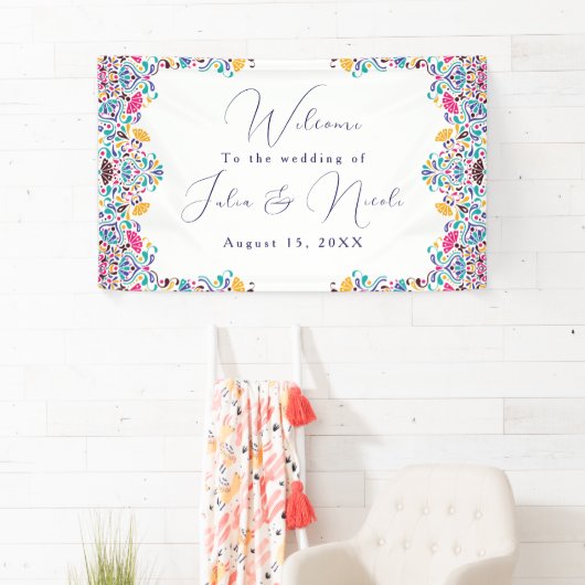 Levendige Mexicaanse Fiesta Style Rainbow Wedding Spandoek (Insitu)