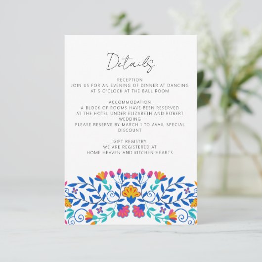 Levendige Mexicaanse Floral Fiesta bruiloft Informatiekaartje (Staand voorkant)