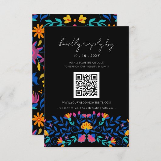 Levendige Mexicaanse Floral Fiesta Wedding QR-code RSVP Kaartje (Voorkant / Achterkant)
